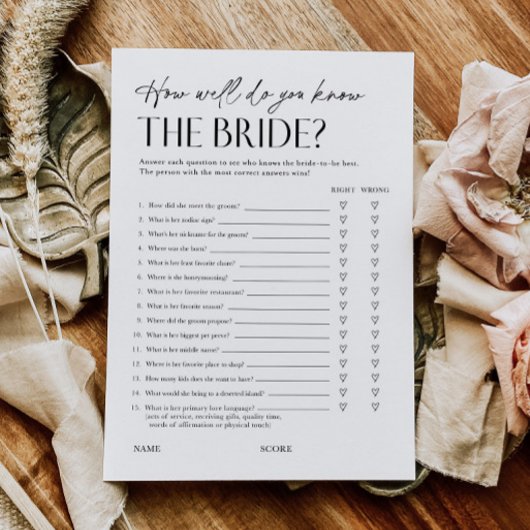 Invitation Bridal Shower Trivia Questionnaire Game Card