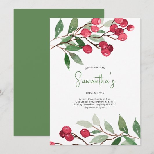 Invitation Bridal Shower Watercolor Red Berries Holiday Party (Devant / Derrière)