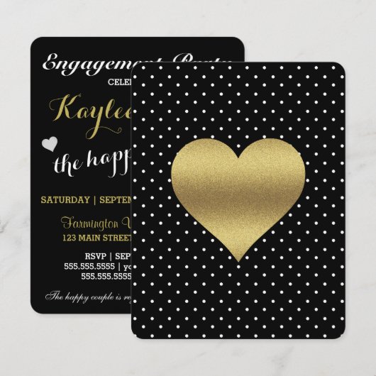Invitation BRIDE & CO Black And Gold Heart & Polka Dot Party (Devant / Derrière)