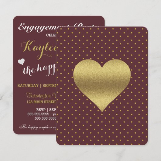 Invitation BRIDE CO Bourgogne Et Gold Heart Polka Dot Party (Devant / Derrière)