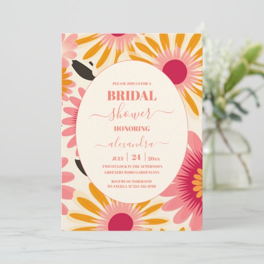 Invitation Bride florale moderne rose et jaune (Debout devant)