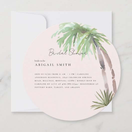 Invitation Bride ronde Blush Tropical Palm Folid (Devant)