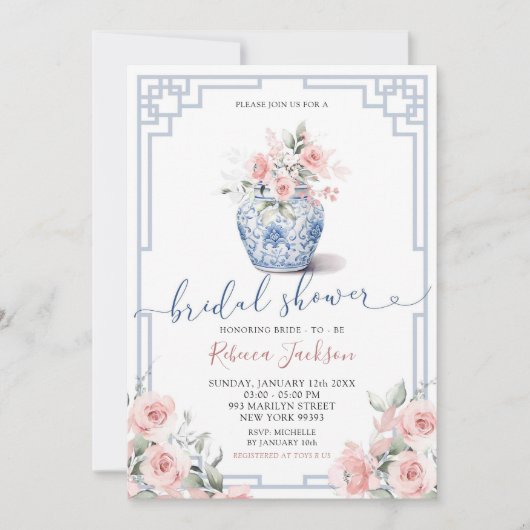 Invitation Bride rose rose pâle Chinoiserie Ginger Jar (Devant)