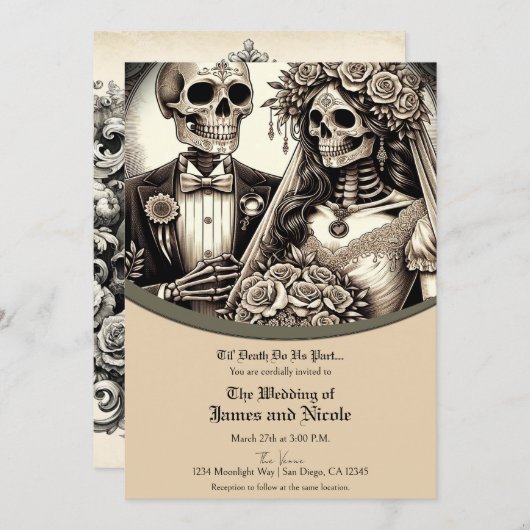 Invitation Bride squelette et Mariage beige Tan (Devant / Derrière)