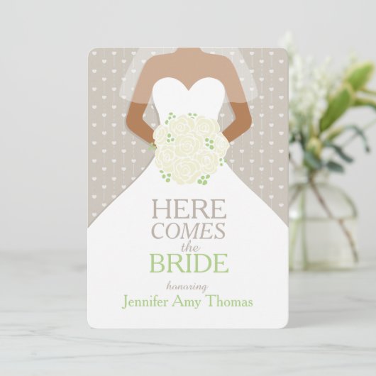 Invitation Bride vert blanc roses bouquet douche nuptiale (Debout devant)