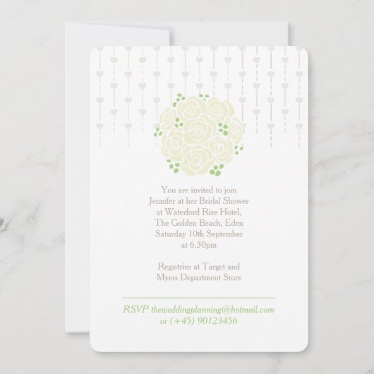 Invitation Bride vert blanc roses bouquet douche nuptiale (Dos)