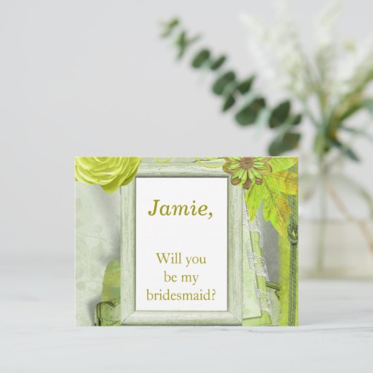 Invitation Bridesmaid à fleurs vert jaune (Debout devant)