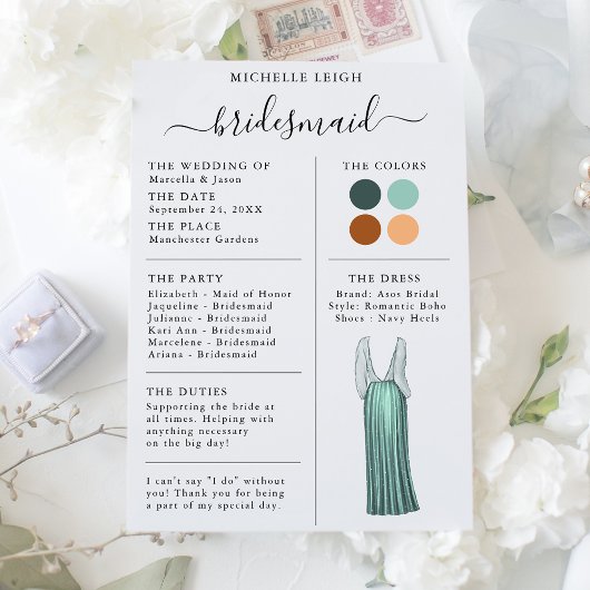 Invitation Bridesmaid Info Card Détails Turquoise, Terracotta