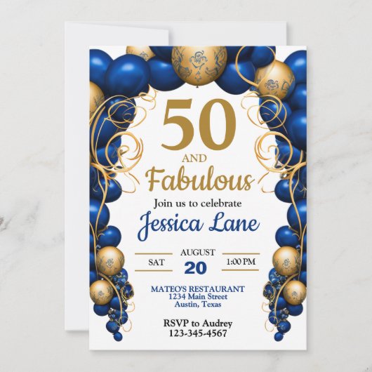 Invitation Bright Blue and Flat Gold Birthday Party (Devant)