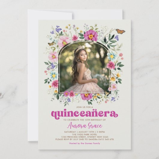 Invitation Bright Boho Fleur sauvage Butterfly Quinceañera Pa (Devant)
