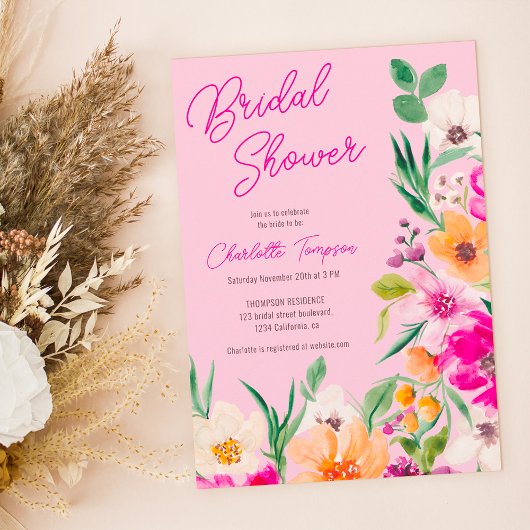 Invitation Bright bold fleurs sauvages script douche de marié