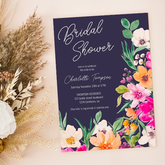 Invitation Bright bold fleurs sauvages script douche de marié