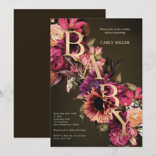 Invitation Bright Bold Floral Gold Baby shower (Devant / Derrière)