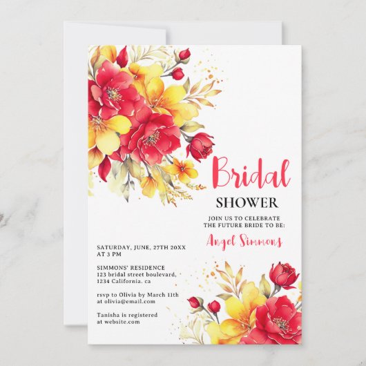 Invitation Bright chaud rouge chute floral script nuptiale do (Devant)