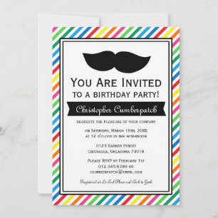 Invitation Bright Coloré Garçon Mustache fête d'anniversaire