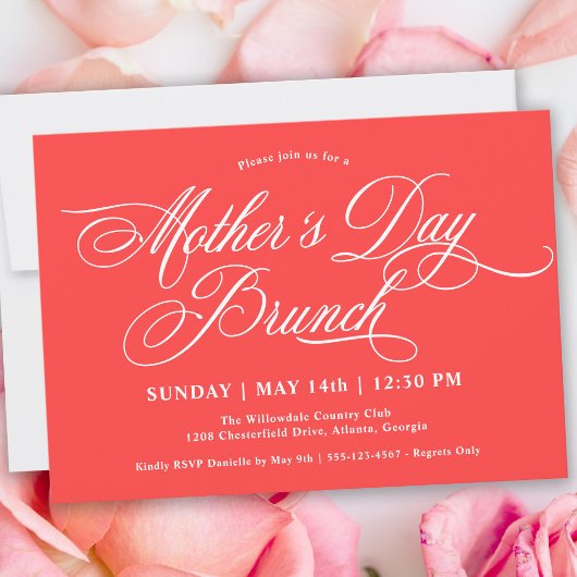Invitation Bright Coral Calligraphie Mère's Day Brunch