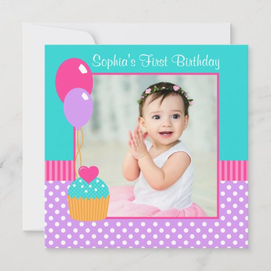 Invitation Bright Cupcake Polka Dot Girl 1er Anniversaire Pho (Devant)