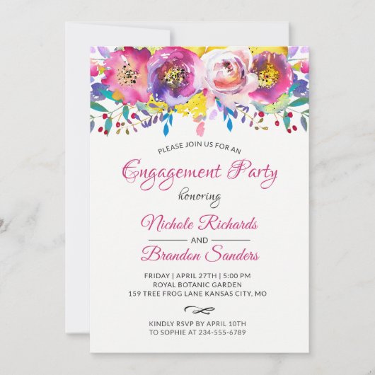 Invitation Bright Fuchsia Gold Floral Engagement Party (Devant)