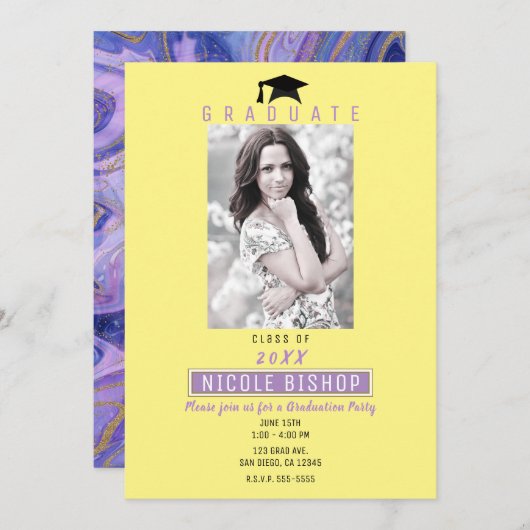 Invitation Bright Fun Purple Jaune Graduation Photo Party (Devant / Derrière)
