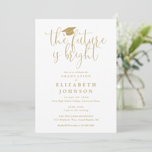 Invitation Bright Future Elegant Gold Script Graduation Party (Debout devant)