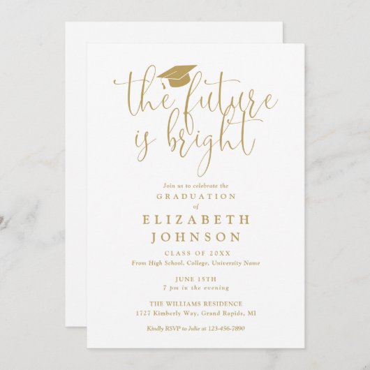 Invitation Bright Future Elegant Gold Script Graduation Party (Devant / Derrière)