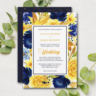 Invitation Bright Gold Navy Blue Floral Modern Wedding Invita