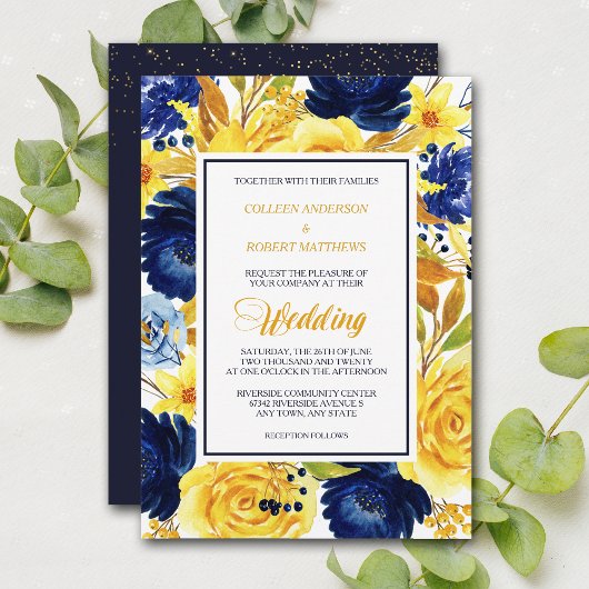 Invitation Bright Gold Navy Blue Floral Modern Wedding Invita