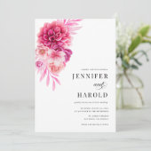 Invitation Bright Hot Rose Floral QR Code tout en un Mariage (Debout devant)