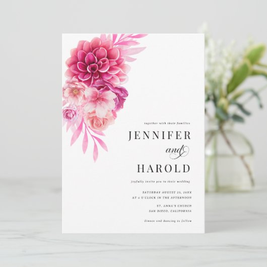 Invitation Bright Hot Rose Floral QR Code tout en un Mariage (Debout devant)