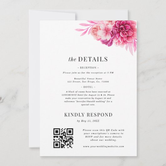 Invitation Bright Hot Rose Floral QR Code tout en un Mariage (Dos)
