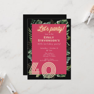 Invitation Bright Neon rose Tropical Botanical 40e anniversai