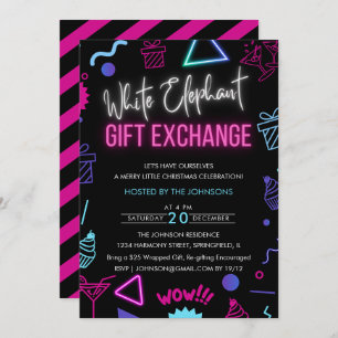 Invitation Bright Neon White Elephant échange cadeau