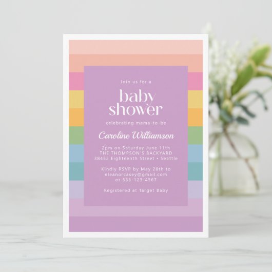 Invitation Bright Pastel Stripe Rainbow violet Baby shower (Debout devant)