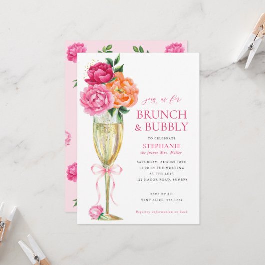 Invitation Bright Peony w/QR Code on Back, Brunch and Bubbly (Devant/Arrière en situation)