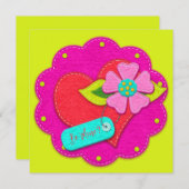 Invitation Bright Pink and Peridot Felt Style Heart Flower  (Devant / Derrière)