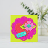 Invitation Bright Pink and Peridot Felt Style Heart Flower  (Debout devant)