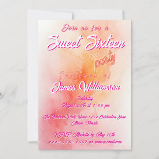 Invitation Bright Pink Orange Watercolor Birthday Party