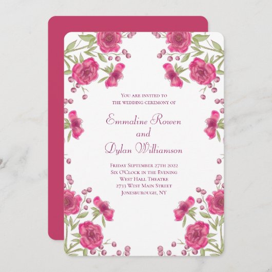 Invitation Bright Pink Rose Wedding (Devant / Derrière)
