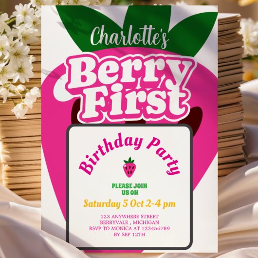 Invitation Bright Pink Strawberry Berry First Birthday