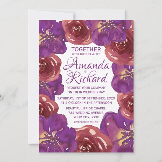 Invitation Bright Purple and Red Summer Spring Floral Mariage (Devant)