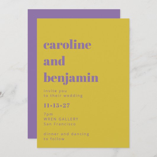 Invitation Bright Purple Jaune Simple Bold Moderne Mariage (Devant / Derrière)