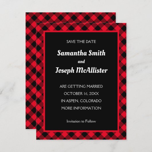 Invitation Bright Red and Black Buffalo Plaid Enregistrer la  (Devant / Derrière)