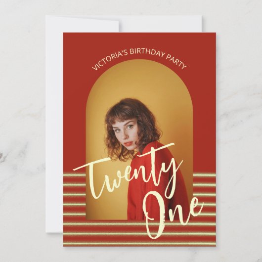 Invitation Bright Red and Gold Photo 21e fête d'anniversaire (Devant)