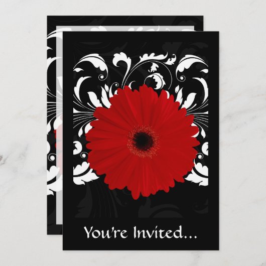 Invitation Bright Red Gerbera Daisy on Black (Devant / Derrière)