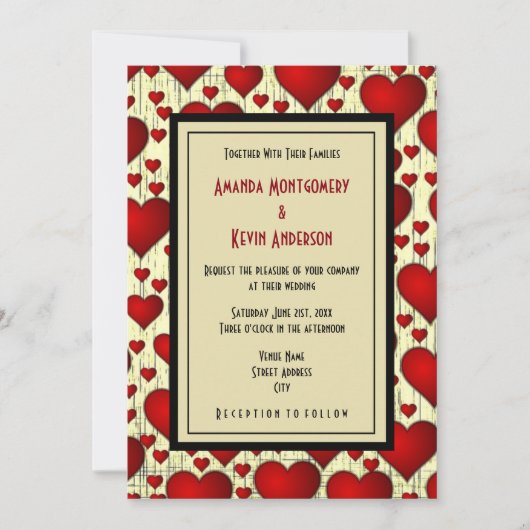 Invitation Bright Red Romantic Hearts Motif Mariage (Devant)