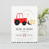 Invitation Bright Red Yellow Digger Enfants Photo Anniversair (Debout devant)