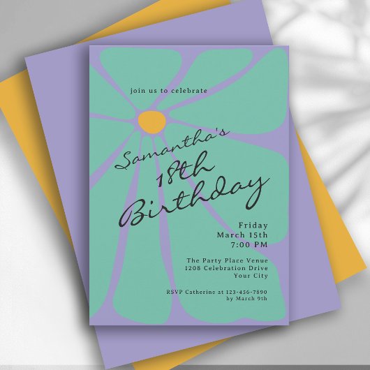 Invitation Bright Retro Flower Power 18th Birthday