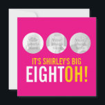 Invitation Bright rose 80th EIGHTOH! photo anniversaire invit<br><div class="desc">Bright hot rose et jaune vif double face invitation 80e anniversaire. Bright graphique rose chaud et jaune audacieuse invitation personnaliser avec vos propres détails et trois photos de votre fille d'anniversaire. Design unique par Sarah Trett.</div>