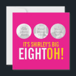 Invitation Bright rose 80th EIGHTOH! photo anniversaire invit<br><div class="desc">Bright hot rose et jaune vif double face invitation 80e anniversaire. Bright graphique rose chaud et jaune audacieuse invitation personnaliser avec vos propres détails et trois photos de votre fille d'anniversaire. Design unique par Sarah Trett.</div>