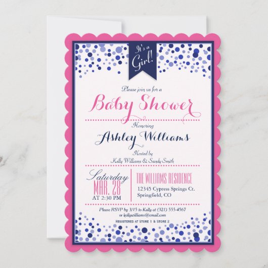 Invitation Bright rose, blanc et Baby shower bleu marine (Devant)